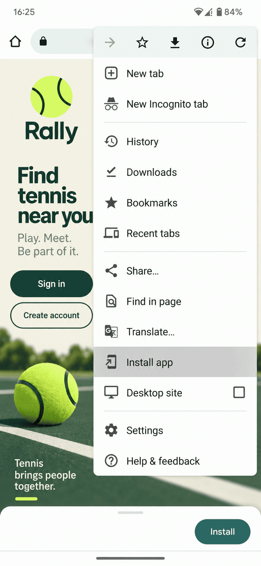 Chrome on Android with the browser menu open and Install app visible